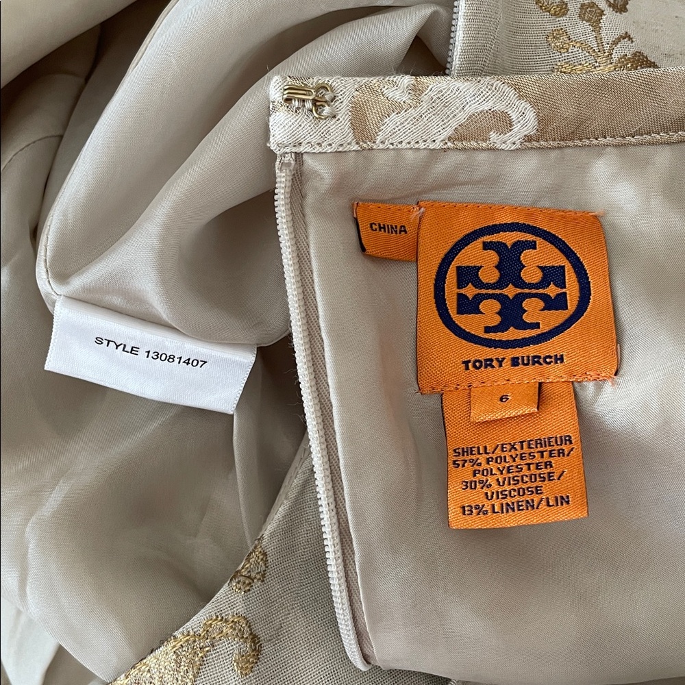 $450 Tory Burch Maggie Gold Brocade Sleeveless Shift Dress - Picture 8 of 9